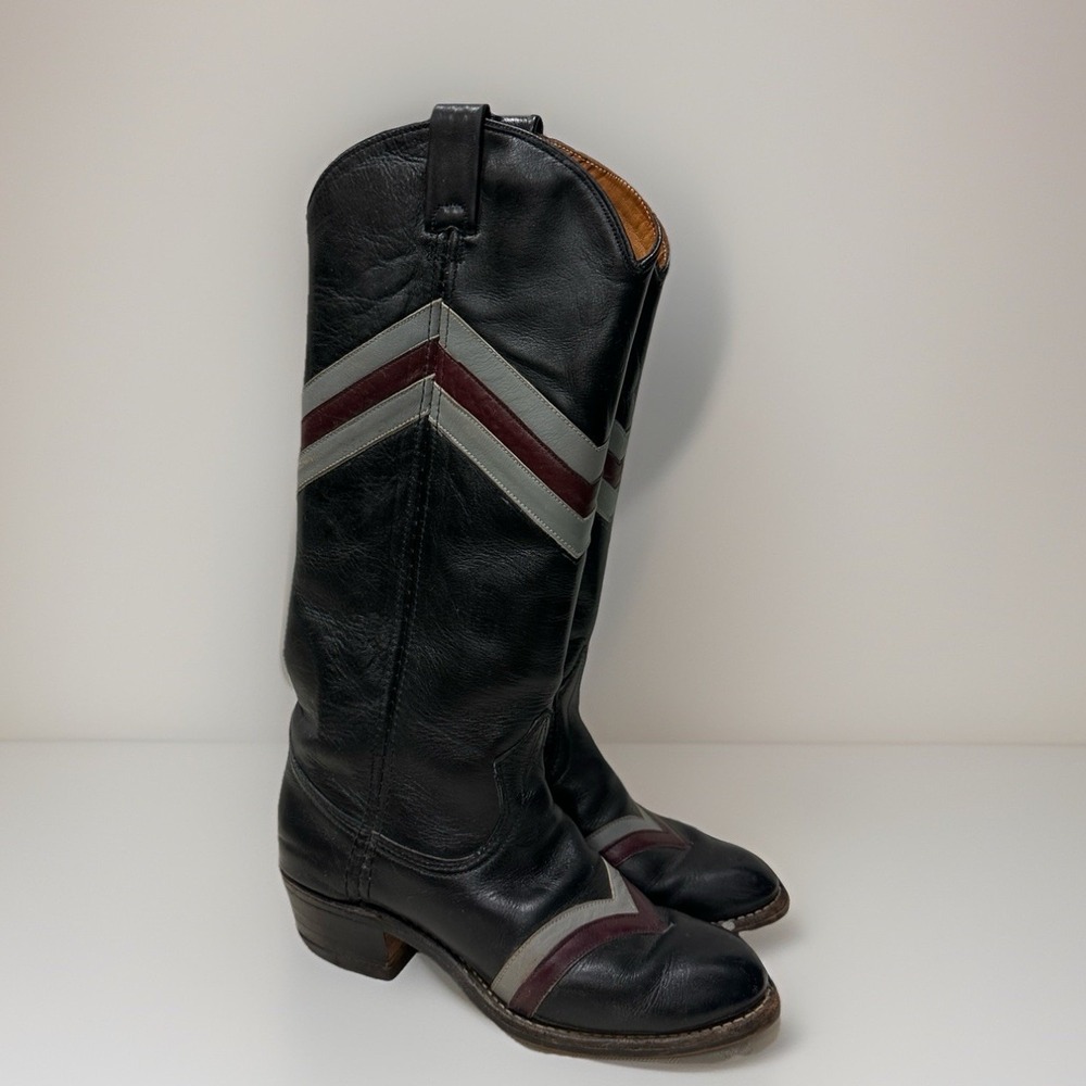 Vintage Miss Capezio Women's 5.5 Western Cowboy Boots Black Leather‎ V-Stripe